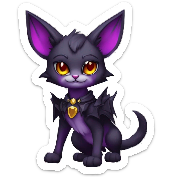 Anthro-Cute-Edgy-Cool-Vampiric-Batty-Cat-Black-Purple-Red-Grey-White-Yellow-Contrast-Colors-Fantasy-Fur-Sona-Chibi-Shiny-Fakémon-Hybrid with horns and big fangs and collar full body sticker