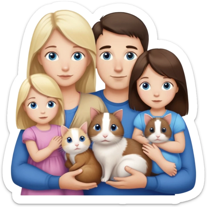 Family portrait with father with dark brown hair and blue eyes, mother with light brown hair and blue eyes, three blonde little girls with blue eyes, plus a cat and two guinea pigs sticker