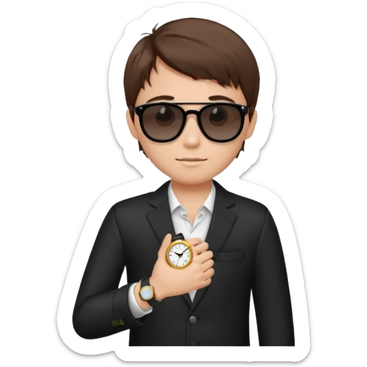 Un niño con pelo lacio color castaño,con lentes de sol negros y un reloj en la mano sticker