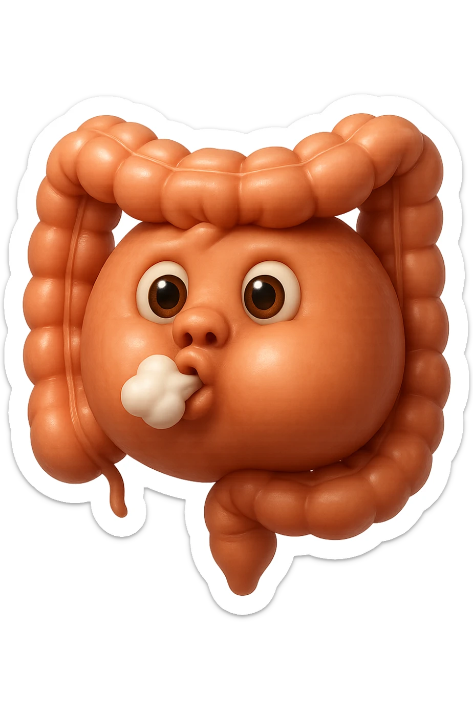 emoji stile iphone di un intestino che ingoia una nuvoletta di aria ben visibile e gli si gonfia la pancia, non fargli il naso, iperrealistico 4k sticker