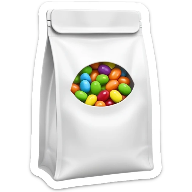 Extremely simplified half-open Skittles pouch with just a few green candies peeking out. Clean rainbow colored minimal design. sticker