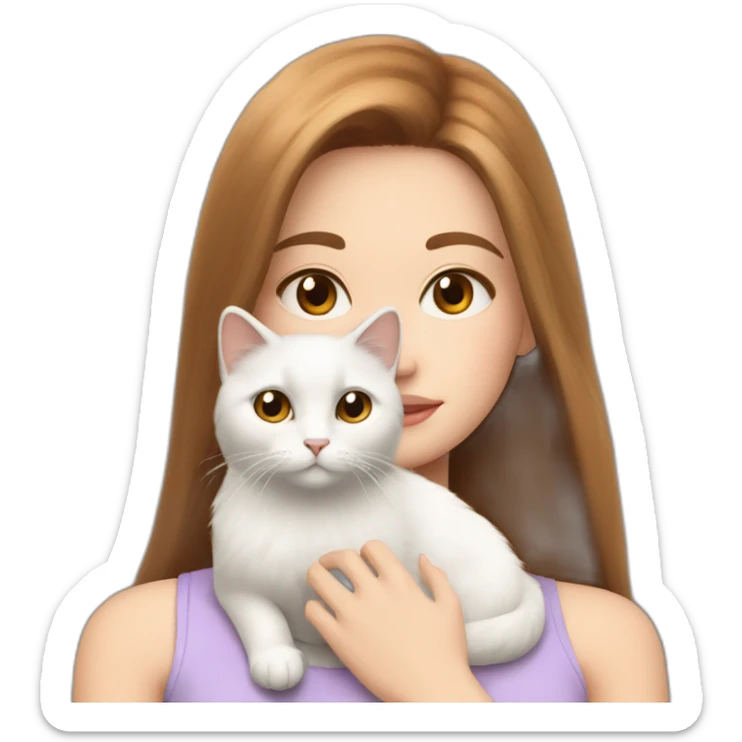 A girl with brown straight hair and on her left shoulder and neck lies a white fluffy cat with eyes of different colors sticker