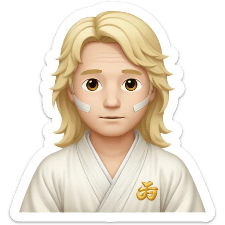 A man with long wavy blonde hair, wearing elegant white Chinese robes, delicate bandages wrapped around his neck, serene expression, traditional style, simple yet detailed emoji design sticker