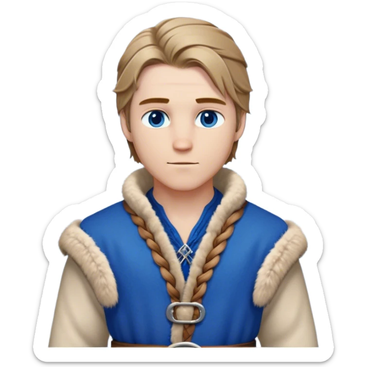 Medieval winter outfit worn by a DnD themed fantasy male character. Double-thick russet wool tunic with mink fur trim, featuring carved wooden toggles and a wide braided leather belt. Clothes only above the waist, full waist coverage. The character has no arms. Character is white-skinned with dark blonde hair, sapphire blue eyes, and medium-length straight hair touched by winter frost. sticker