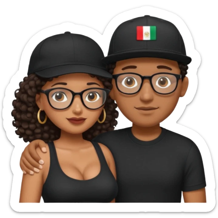 A picture of an embracing tanned couple. the man is a Mexican man with tanned skin, with a bald hair cut wearing a SnapBack hat and a black shirt. the woman is mixed, she has curly longer dark brown hair, thicker and with big boobs and she has glasses sticker