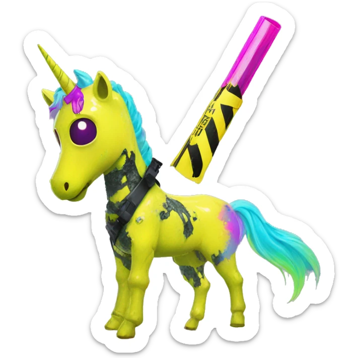 .Zombie_ Vaporwave black holographic oilslick zombie unicorn yellow caution tape with prosthetic arm  sticker