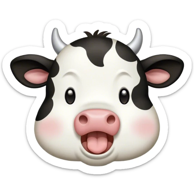 Cinematic Cute Yawning Black and White Cow Portrait Emoji, Head tilted slightly with a dramatic, wide-open yawn, showcasing a smooth, contrasting coat of black and white, floppy ears slightly drooping, round brown eyes barely open in drowsy contentment, Simplified yet irresistibly adorable features, highly detailed, glowing with a soft, cozy glow, high shine, relaxed yet expressive, stylized with a touch of modern whimsy, bright and endearing, soft glowing outline, capturing the essence of a sleepy yet affectionate cow, so drowsy it feels like it could stride out of the screen and curl up for a nap! sticker