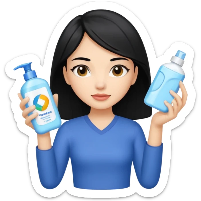 Generate a light-skinned girl with black hair who takes skincare. On the left hand side, she holds a detergent in her hand, and on the right hand side on the sheath, it is the one she applied. sticker