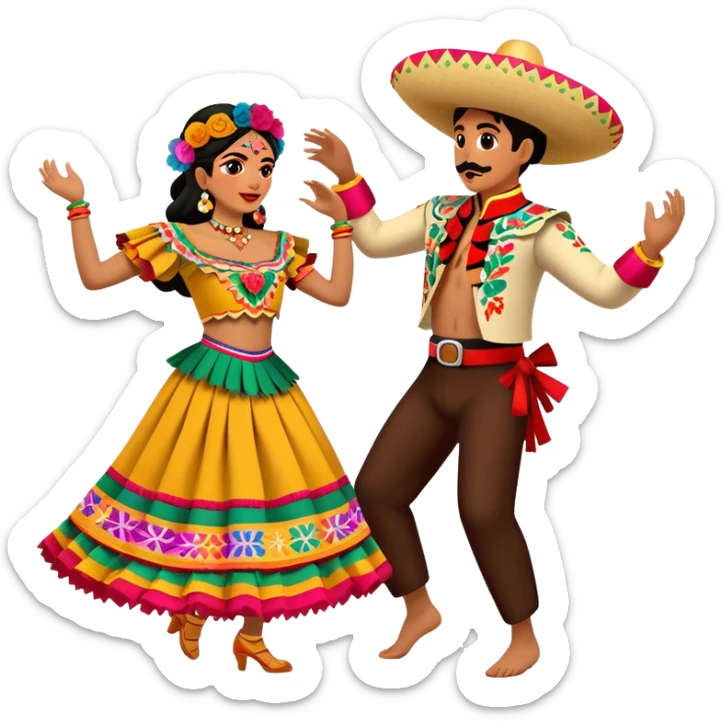 Cinematic Realistic scene of two performers dancing the Jarabe Tapatío, dressed in colorful traditional Mexican costumes with intricate embroidery, captured in energetic, festive motion with vibrant, celebratory lighting sticker
