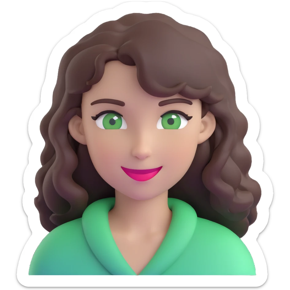 woman with wavy dark brown hair and green eyes, winking sticker