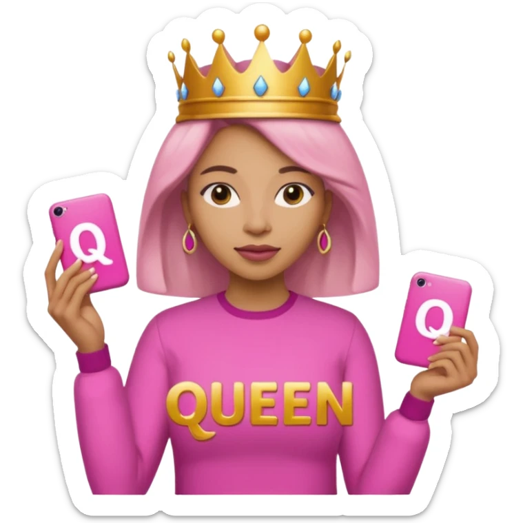 Crear una reina morena clara con ropa rosa sosteniendo la palabra Queen en sus manos sticker
