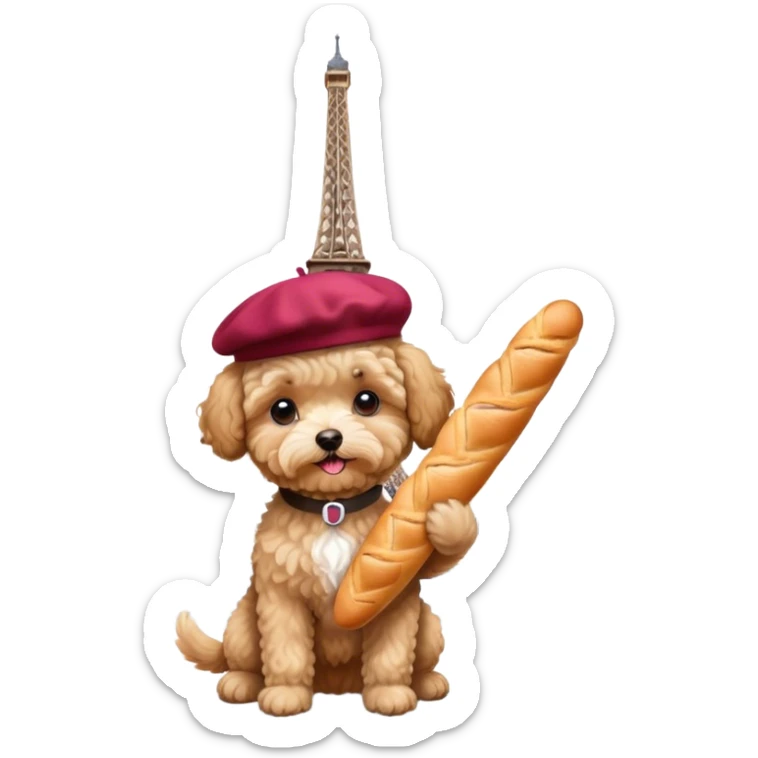 Tan maltipoo wearing a beret in Paris holding a baguette by the Eiffel Tower show the Eiffel Tower  sticker