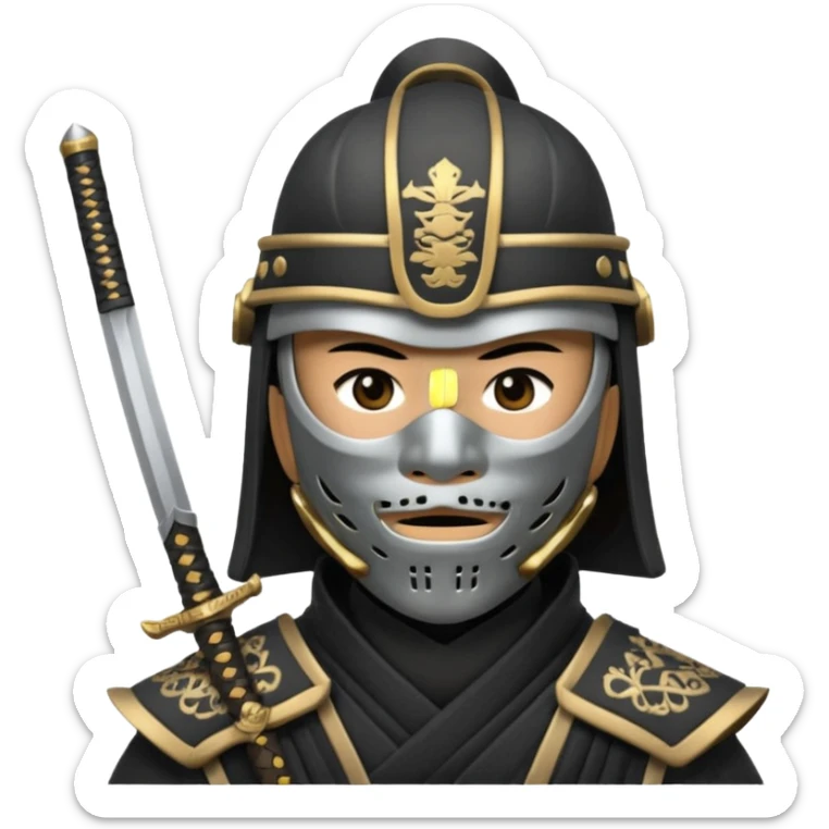 Samurai with helmet and a detailed mask covering their mouth and they are drawing out their sword sticker