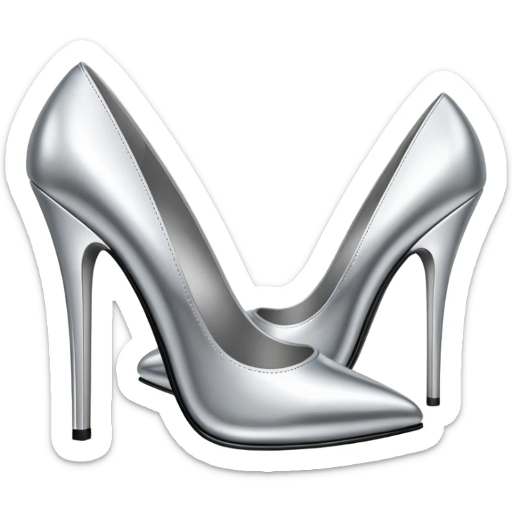 A pair of high heel shoes emoji made of polished silver chrome, elegant sharp silhouette, smooth metallic surface, glossy reflections, luxury sexy vibe, minimalistic iOS emoji style, centered, clean white background sticker