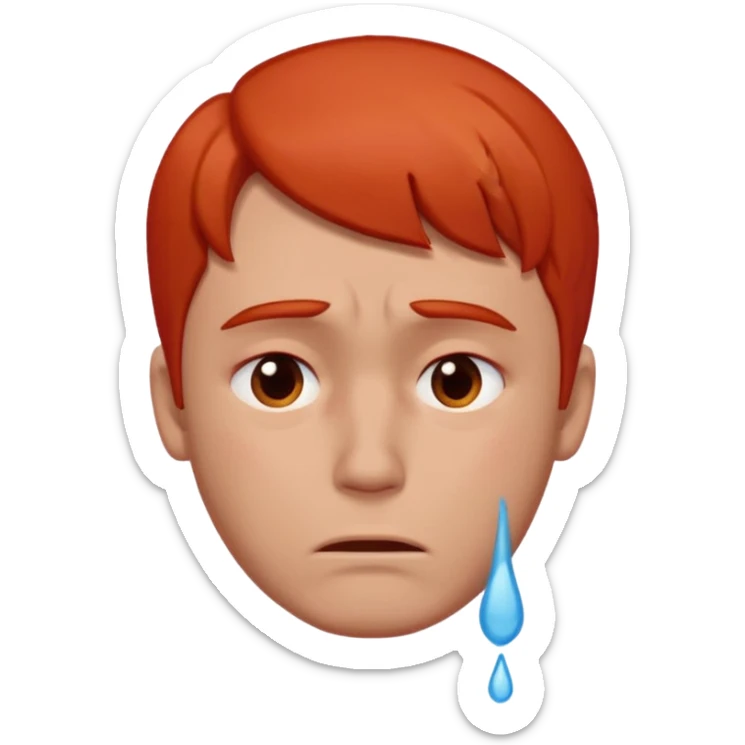 man with no red or orange hair. His face is intensely red, visibly flushed and over-reddened, as if he's been crying hard. His expression is sad, and a single clear tear flows down his cheek. The style should be simple, clean, and consistent with modern emoji design. sticker