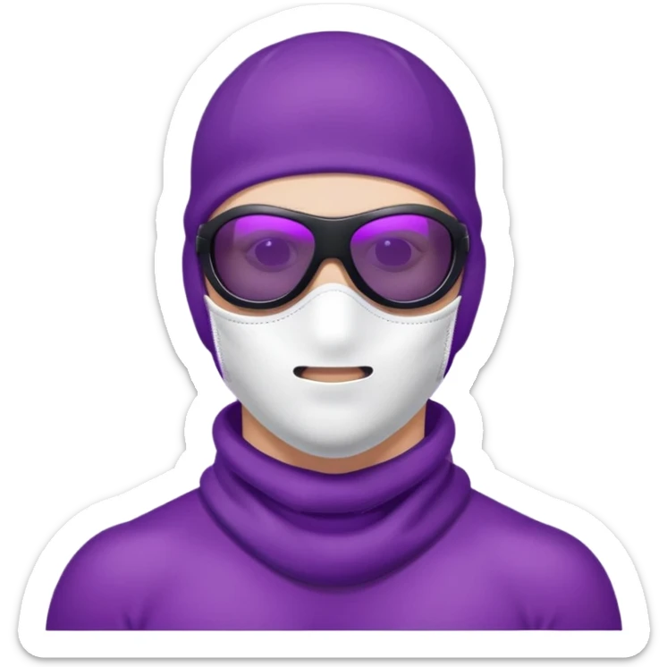 shirtless athletic man with white skin, wearing a purple balaclava face mask and purple sunglasses with black tinted lenses sticker