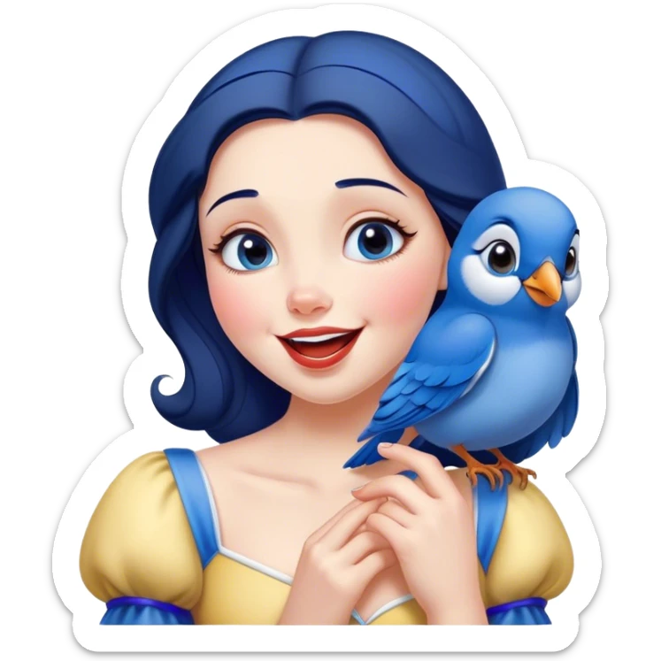 Cinematic Adorable Snow White Portrait Emoji, Giggling as a bluebird perches on her finger, cheeks rosy with joy, bright expressive eyes full of wonder, her innocence and beauty blending into a heartwarming moment! sticker
