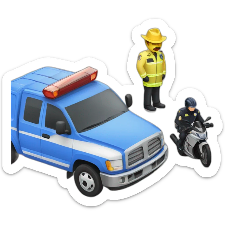 A car accident with a truck and a police bike sticker
