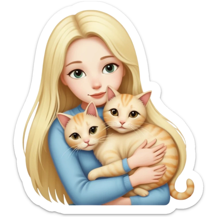 pretty woman with pale skin, very long blonde hair hugging a cat sticker