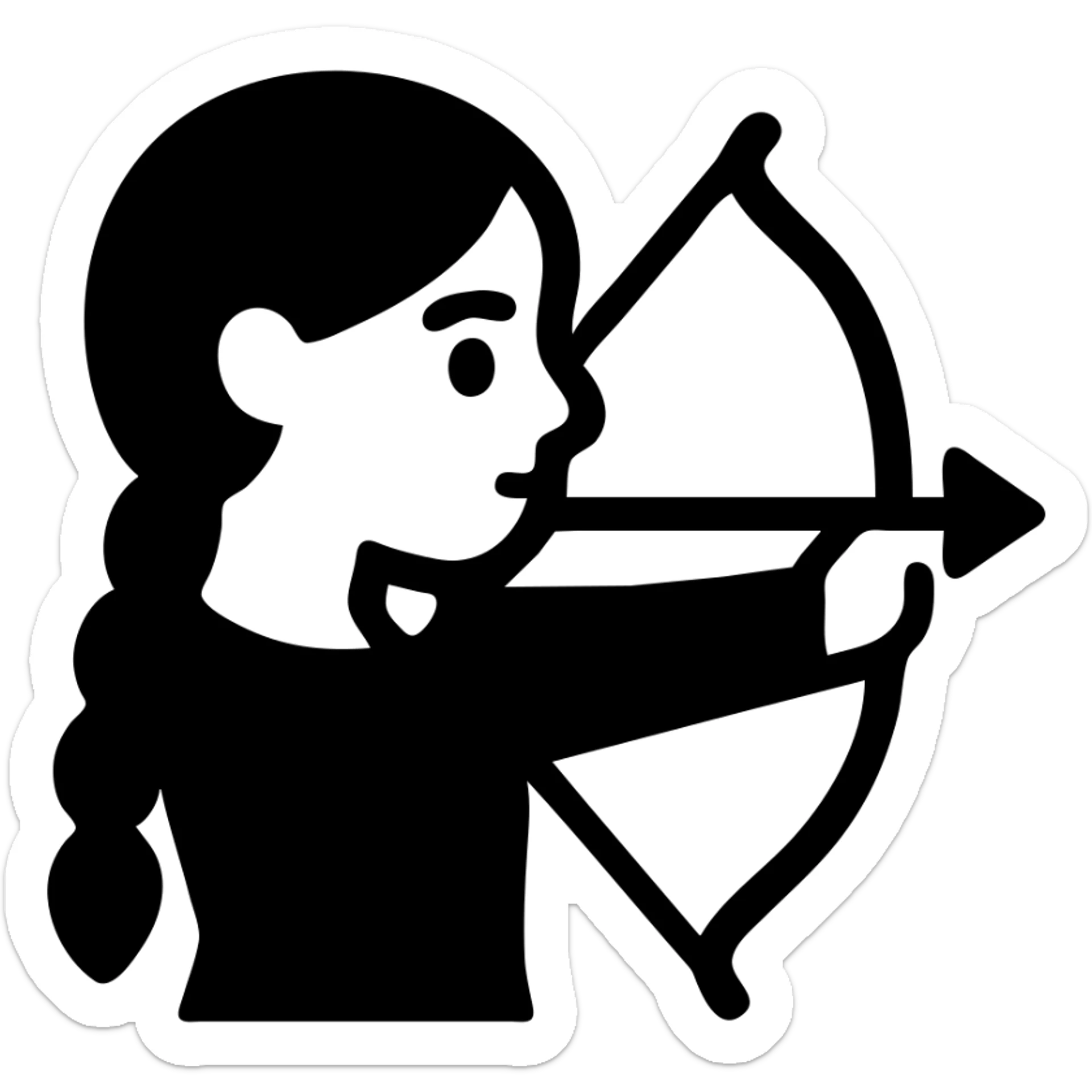 girl with olive skin, gray eyes, black hair in a side braid, black outfit, bow and arrow sticker