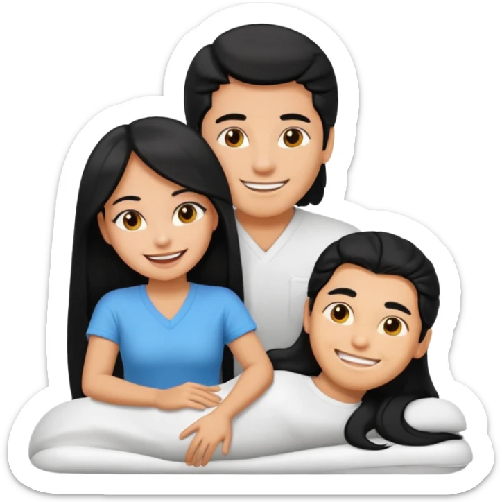 man lying down, girl with long black hair giving him a massage, emoji style sticker