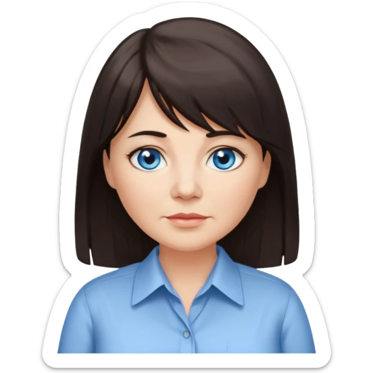 50 yr old woman, blue eyes, long straight dark brown hair, business shirt, chubby, bangs sticker