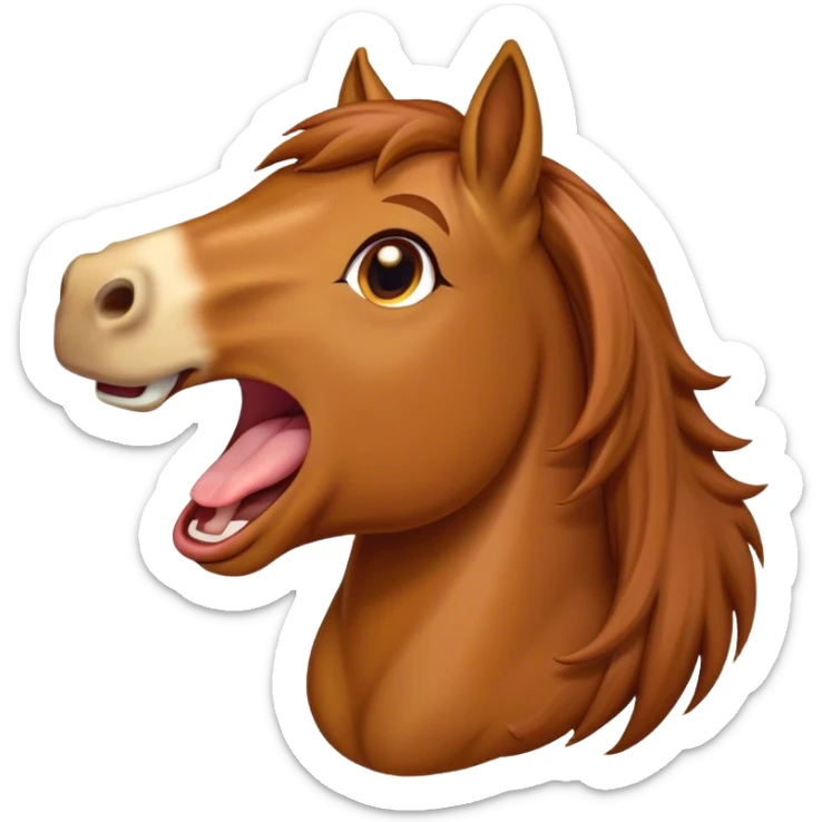 Cinematic Cute Yawning Chestnut Horse Portrait Emoji, Head tilted slightly with a dramatic, wide-open yawn, revealing a smooth chestnut fur with a subtle shimmer, floppy ears slightly drooping, round amber eyes barely open in drowsy contentment, Simplified yet irresistibly adorable features, highly detailed, glowing with a soft, cozy glow, high shine, relaxed yet expressive, stylized with a touch of equine whimsy, bright and endearing, soft glowing outline, capturing the essence of a sleepy yet affectionate horse, so drowsy it feels like it could stretch out of the screen and curl up for a nap! sticker