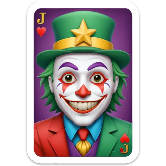 1 poker card, perfectly squared card, with crazy colorful human jolly joker inside, star symbol with a "J" sticker