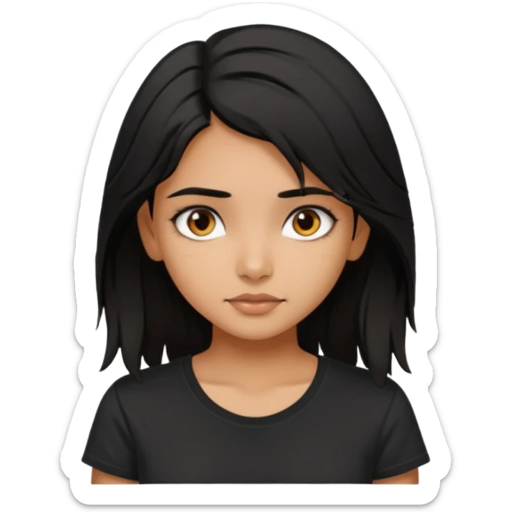 a pretty tan indian bratz girl with messy dark black hair, wearing a black tee. sticker