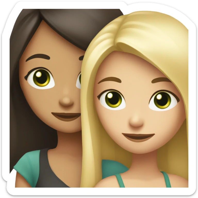 dark-eyed Brunette Girl hugs green-eyed blonde girl both are caucasian and have long hair  sticker