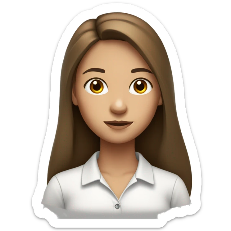girl with long brown hair black eyes, round face, teacher, wearing white polo sticker