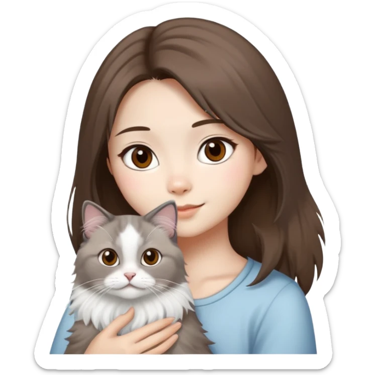 Asian girl brown hair girl with brown eyes with a grey and white seal fluffy ragdoll cat  sticker