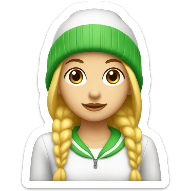 Chica con pelo largo rubio y un gorro de pelo blanco piel blanca , ojos verdes sticker