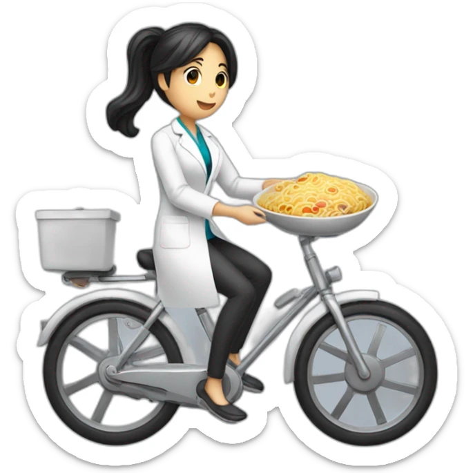 long and dark hair female doctor with a ramen bowl in her hand and riding a chrome bicycle sticker