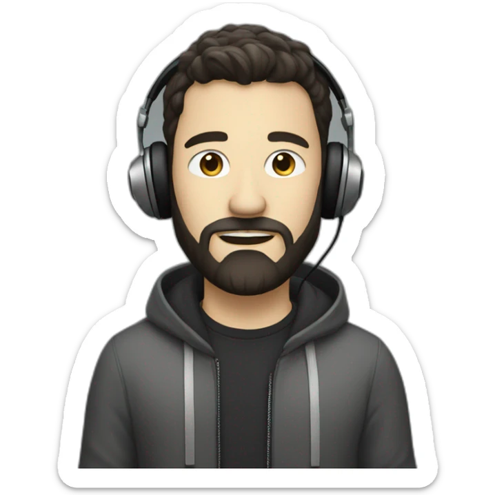 White music producer with dark hair and a very short “salt & pepper” beard, wearing headphones sticker