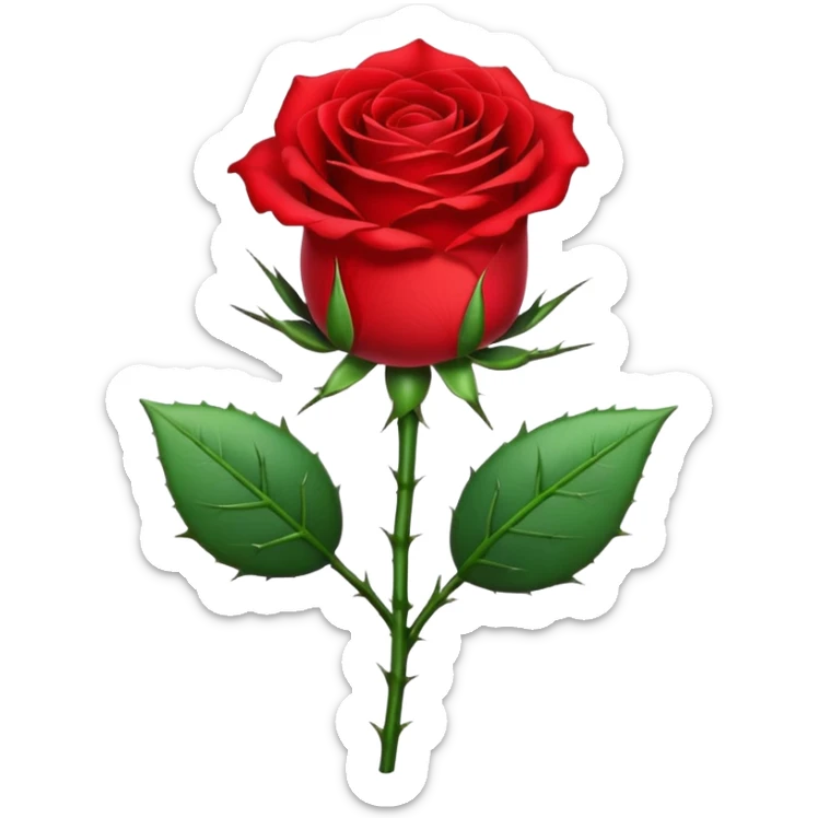 Generate a high-quality image of a single rose flower with stem and leaves, with very small and subtle thorns, realistic color and shading, smooth gradient colors, no human figures, no facial features, no brand markings, simple white background, high-resolution.

 sticker