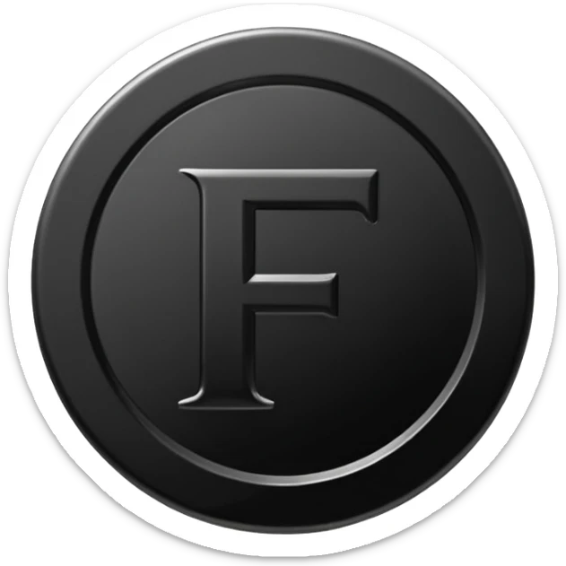 Emoji icon of a black coin with engraved letter F, minimalist style, isolated, only black color sticker