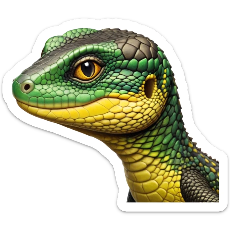 cinematic-realistic-cute-monitor-lizard-portrait-emoji,-head-tilted-playfully-and-inquisitively,-featuring-a-compact,-agile-body-with-finely-detailed,-glossy-scales-in-earthy-black and yellow-hues-and-a-distinct,-alert-face-with-bright,-curious-eyes, black , yellow spotted and green band  scales and a big long neck sticker