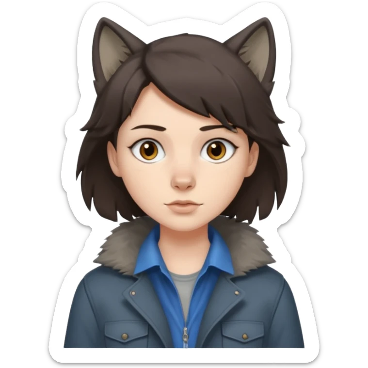 Hobo tomboy with dark brown hair in a wolf cut style, brown eyes, dirty dark grey coat, blue-grey shirt. sticker
