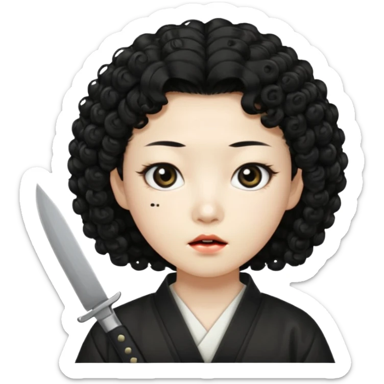 Korean murderer white skin with Asian eyes and holding knife with black Korean perm hair sticker