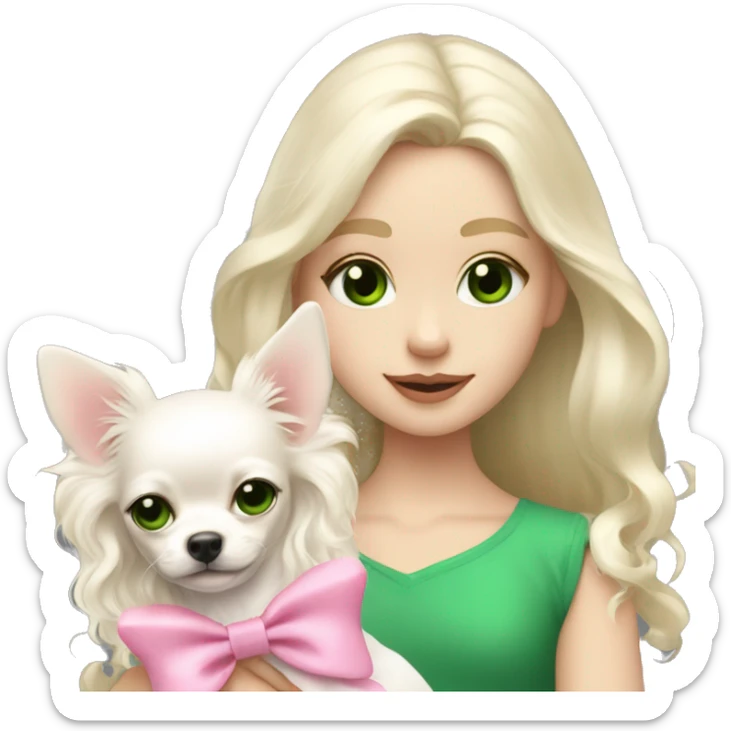 pale blond girl with wavy long platinum hair with green eyes holding a white chihuahua puppy that wearing a pink bow sticker