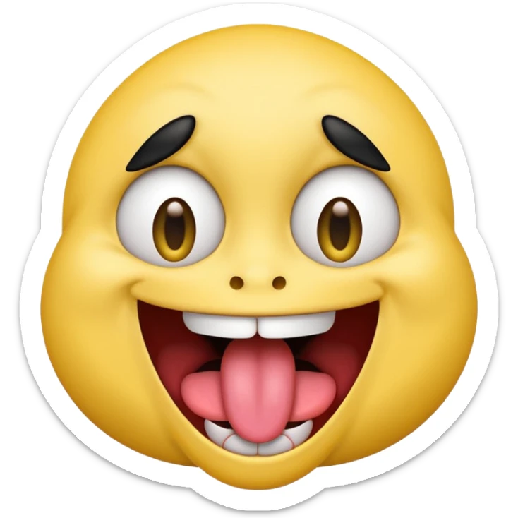 Freaky yellow face emoji smiling really big with huge tongue out and eyes wide open. Tongue should is wagging back and forth. Give him a full head of black hair sticker