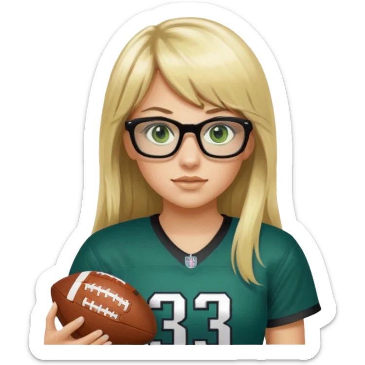 long blonde hair with bangs black rectangle glasses female green eyes football player wearing eagles jersey number 33 holding football sticker