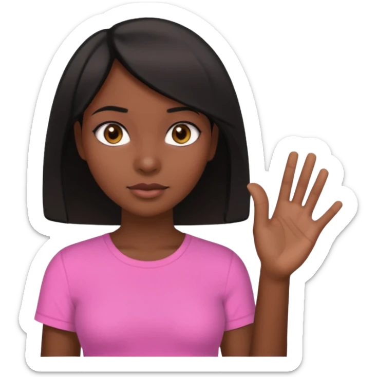 Dark skin girl asking for money with hand out make her more fabulous but still a clean look with a black bob and pink shirt  brown eye  sticker