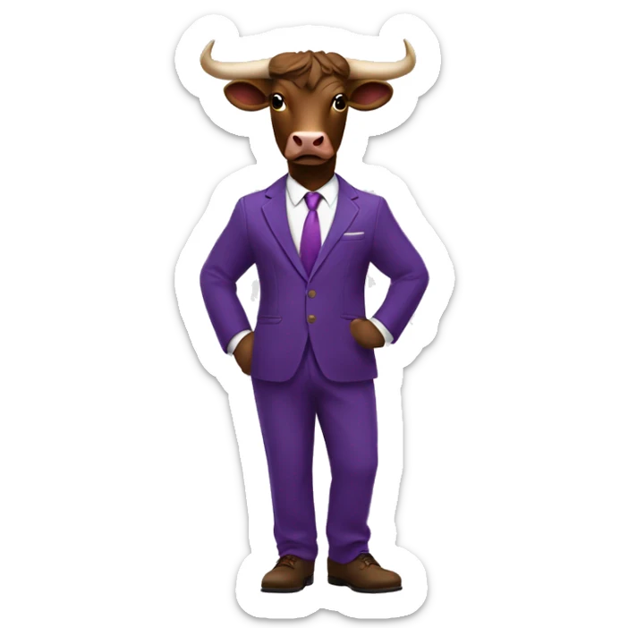 Brown bull with horns standing wearing purple 3 piece suit with brown shoes sticker