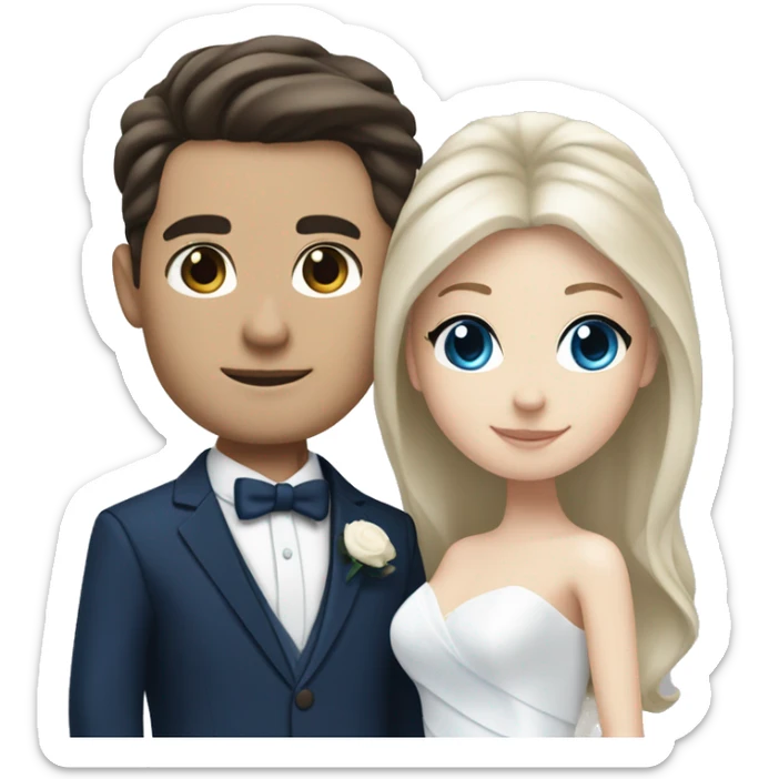 Wedding couple, groom white skin with dark brown hair and dark brown eyes, bright with white skin blonde hair and blue eyes and dark blue suit sticker