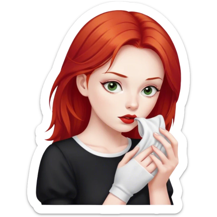 a woman with red hair and red eyes sniffing a white sock. The woman wear a black  dress sticker