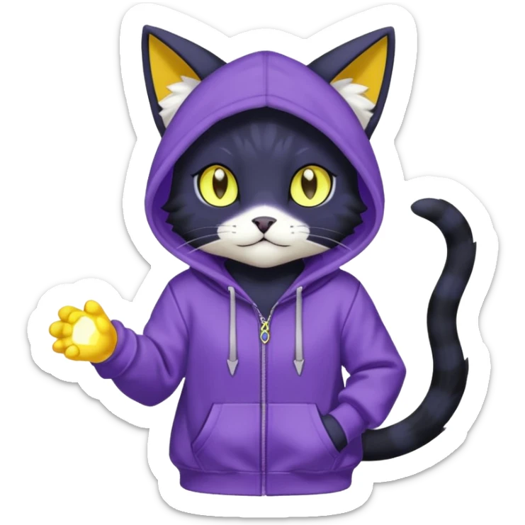 Black cat-garurumon-purloin-feline-Fakemon-Digimon-creature wearing a violet hoodie fursona (full body)  sticker
