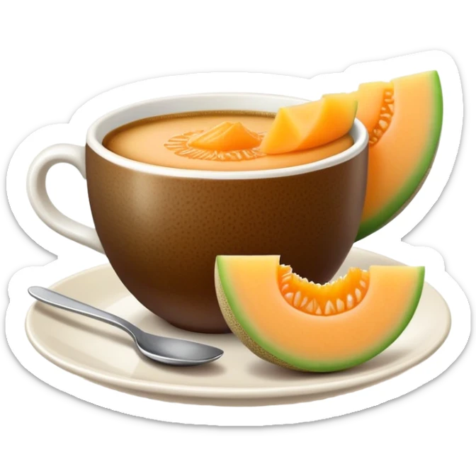 carajillo in a small espresso coffee cup with a slice of cantaloupe melon on the side sticker