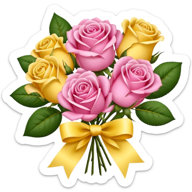 A bouquet of flowers, composed of pink and yellow roses, four blooms in total, tied with ribbon. sticker